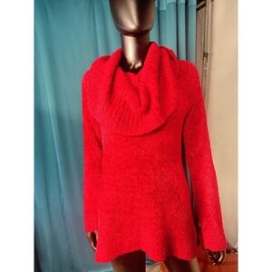Cato Red Fuzzy Cowl‎ Neck Long Sleeve Tunic Sweater Top Women's Size L